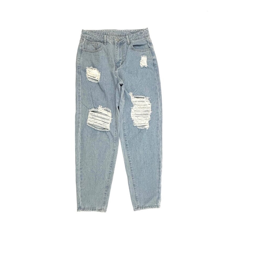 Shein Straight Leg Jeans Womens 6 Light Wash Blue Distressed Denim High Rise‎